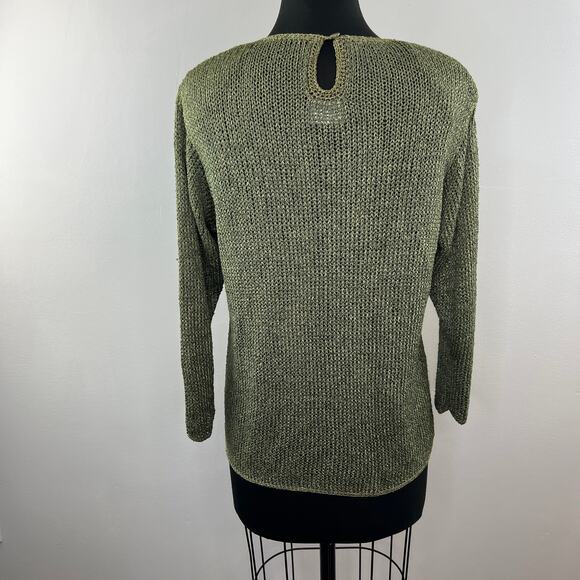 Vintage Ann McKenna Green Crochet Sweater Back Button Crew Long Sleeve Pullover - Picture 6 of 7